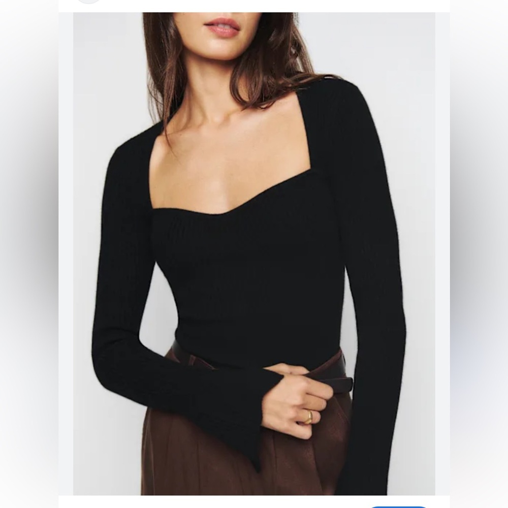 Reformation Glenna cashmere sweater black bell sleeves sweetheart neckline XL